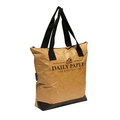 Durable water resistant recycled bag in paper look material